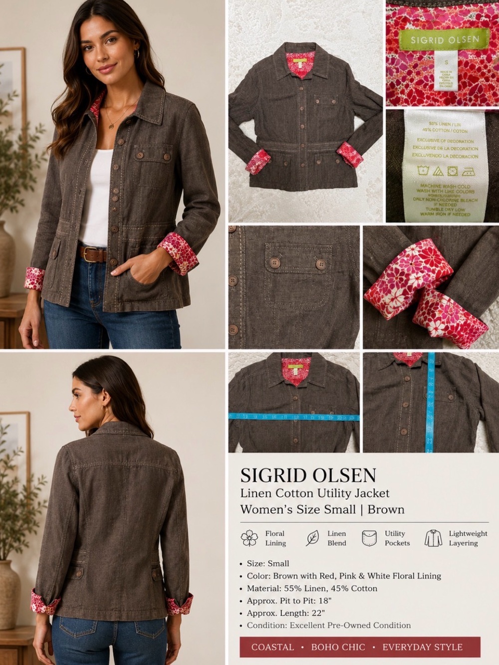 Sigrid Olsen 100% Linen Utility Jacket Small Brown Red Pink Floral Lined Boho